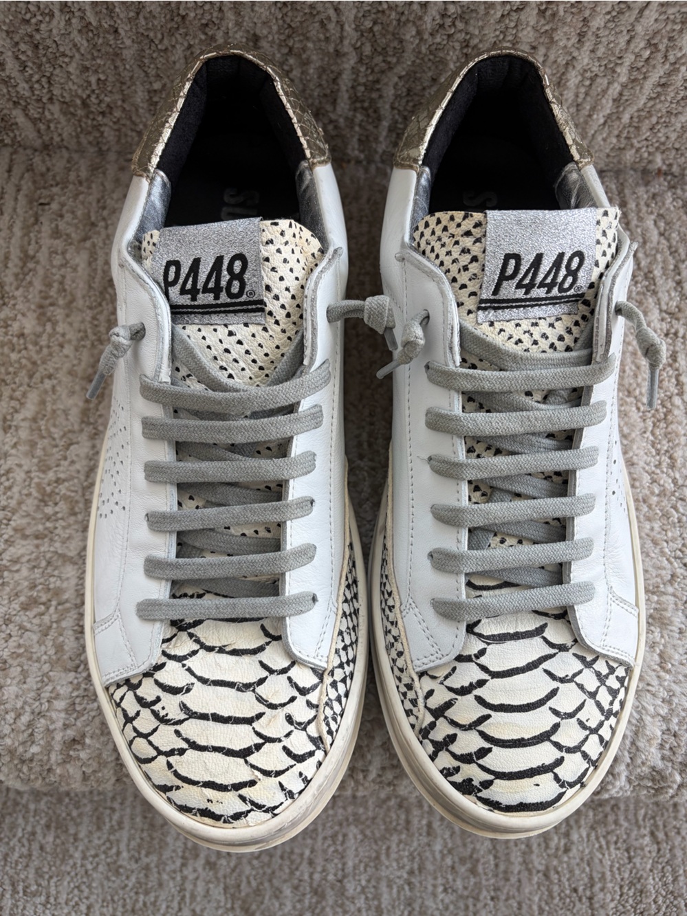 P448 John white/grey snakeskin sneakers metallic silver heel. Size US 8.5/ EU 39